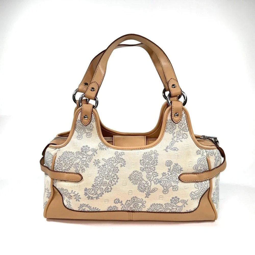 Etienne Aigner Paisley Canvas Leather Shoulder Bag Satchel‎ Tan Cream
